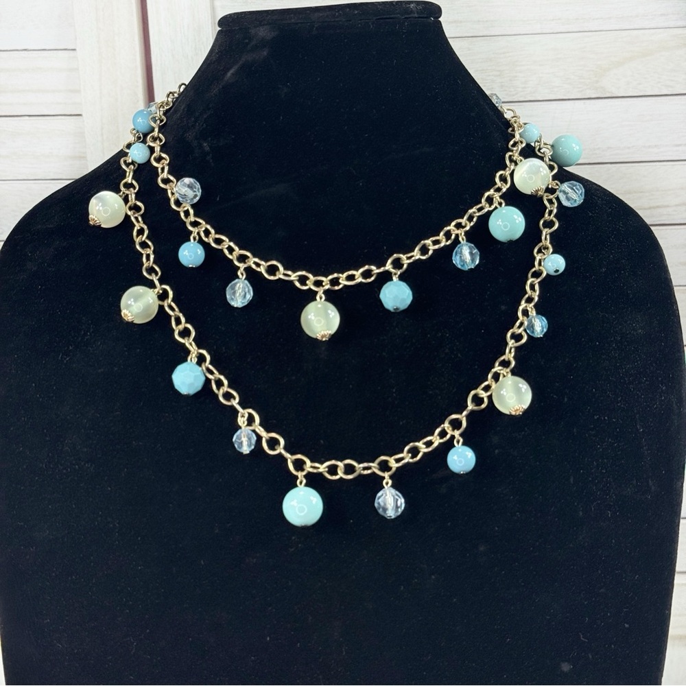 Stacking Necklace Sky Blue‎ Tumble Beads Rosary Chain Gold Plated Boho Indie